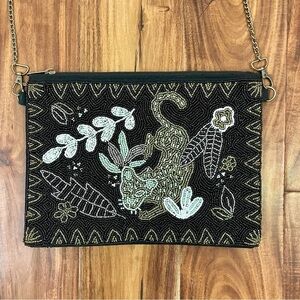 Hand Beaded Embroidered Purse With Chain Strap Black Animal Jungle Print New